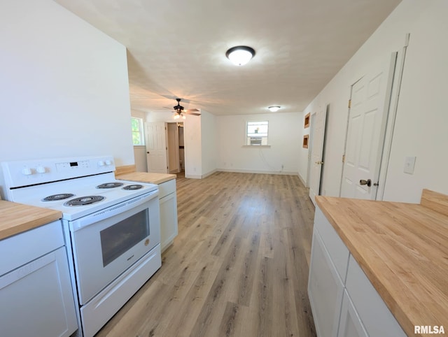 218 Meadow Lawn St, Manito, IL 61546 - kitchen with white electric range oven, butcher block counters, ceiling fan, and light wood-style floors