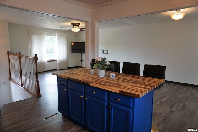 3406 W Brookside Dr, Peoria, IL 61615 - kitchen featuring wood counters, blue cabinets, dark wood finished floors, a ceiling fan, and crown molding