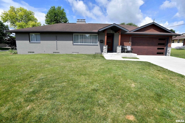 4527 N Nelson Dr, Peoria, IL 61614 - view of front of home featuring an attached garage, driveway, a front yard, brick siding, and a chimney