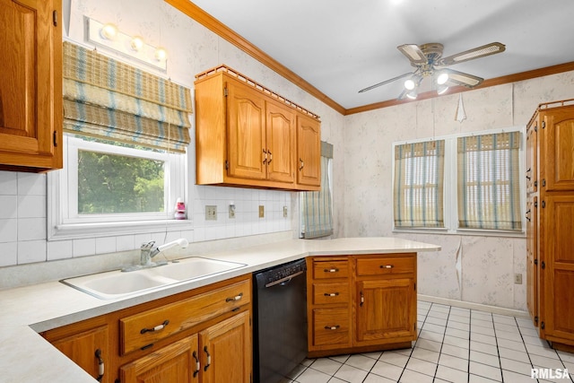 1426 N Main St, East Peoria, IL 61611 - kitchen featuring dishwasher, wallpapered walls, light tile patterned flooring, light countertops, and ceiling fan