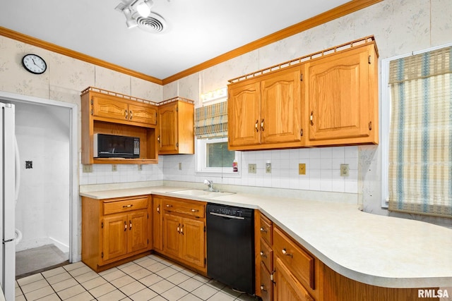 1426 N Main St, East Peoria, IL 61611 - kitchen with black appliances, wallpapered walls, light countertops, tasteful backsplash, and ornamental molding