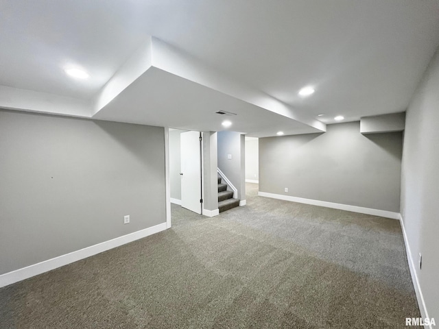 4914 N Bevalon Pl, Peoria, IL 61614 - finished basement with carpet, stairway, and recessed lighting