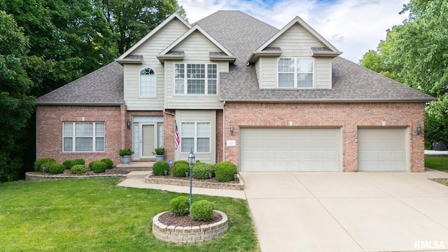 919 W Brookforest Dr, Peoria, IL 61615 - view of front facade featuring brick siding, concrete driveway, a front lawn, a shingled roof, and an attached garage