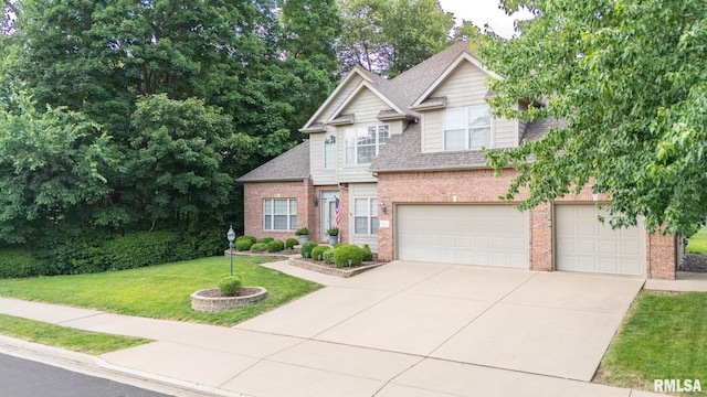 919 W Brookforest Dr, Peoria, IL 61615 - view of front of house with brick siding, a garage, driveway, and a front yard
