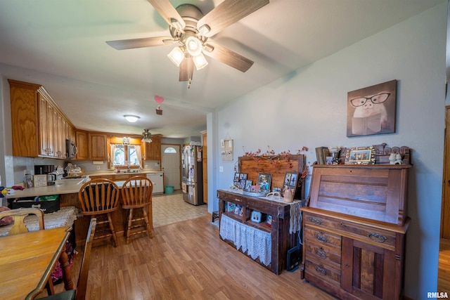 611 E Ash St, Canton, IL 61520 - kitchen with a ceiling fan, a peninsula, stainless steel appliances, light wood-type flooring, and light countertops