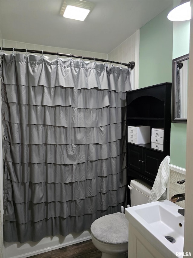 270 Thompson Ct, Canton, IL 61520 - full bathroom featuring wood finished floors, vanity, and shower / bath combo with shower curtain
