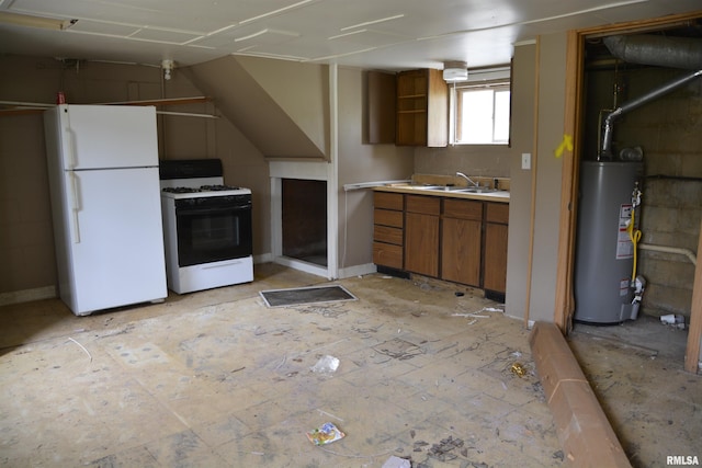 926 N Charles St, Macomb, IL 61455 - kitchen featuring white appliances, water heater, brown cabinetry, light countertops, and open shelves