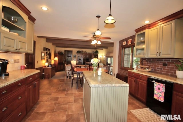 1402 W Grandridge Dr, Dunlap, IL 61525 - kitchen featuring black dishwasher, backsplash, open floor plan, a ceiling fan, and decorative light fixtures