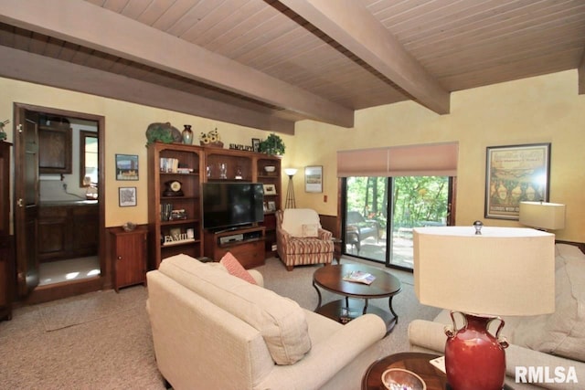 1402 W Grandridge Dr, Dunlap, IL 61525 - carpeted living room featuring a wood ceiling with exposed beams