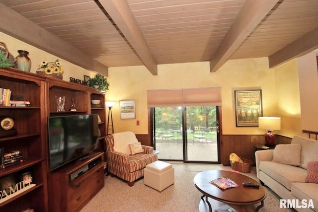 1402 W Grandridge Dr, Dunlap, IL 61525 - living room with wainscoting, a wood ceiling with exposed beams, and wooden walls