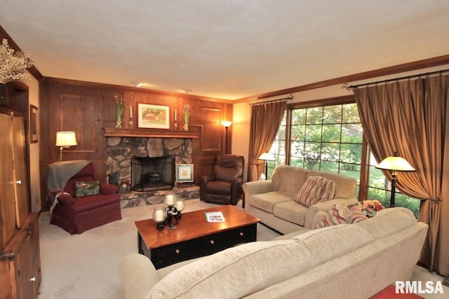 1402 W Grandridge Dr, Dunlap, IL 61525 - carpeted living area with ornamental molding, wooden walls, and a fireplace