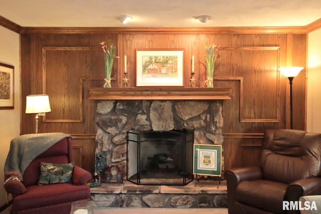 1402 W Grandridge Dr, Dunlap, IL 61525 - living area featuring a fireplace and wooden walls
