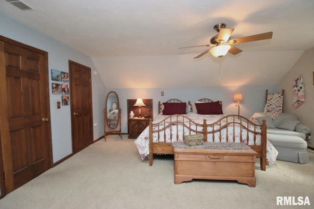 1402 W Grandridge Dr, Dunlap, IL 61525 - bedroom featuring light colored carpet, lofted ceiling, and ceiling fan