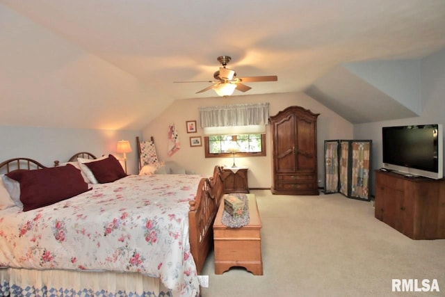 1402 W Grandridge Dr, Dunlap, IL 61525 - bedroom featuring light carpet, vaulted ceiling, and a ceiling fan