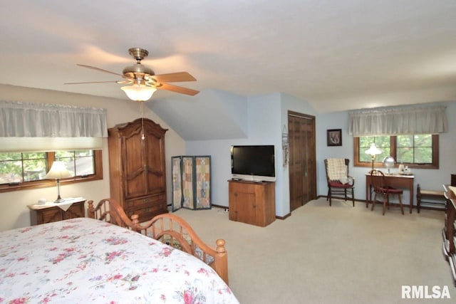 1402 W Grandridge Dr, Dunlap, IL 61525 - bedroom with light colored carpet, lofted ceiling, and ceiling fan