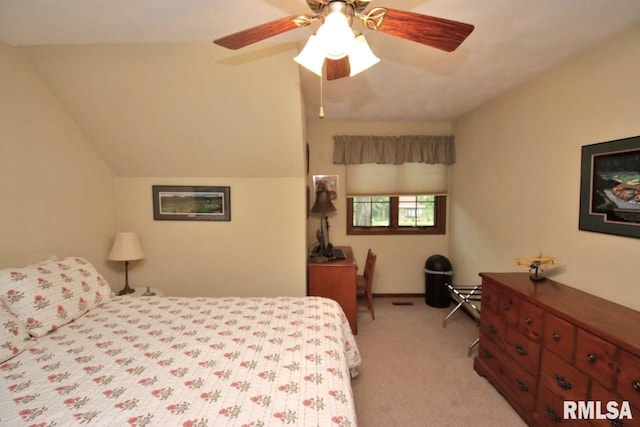 1402 W Grandridge Dr, Dunlap, IL 61525 - bedroom with light carpet, vaulted ceiling, and ceiling fan
