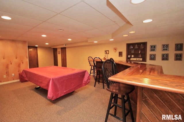 1402 W Grandridge Dr, Dunlap, IL 61525 - rec room featuring a bar, billiards table, recessed lighting, carpet, and a drop ceiling