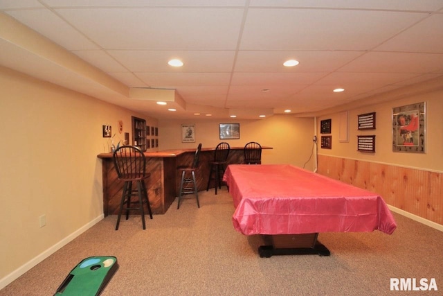 1402 W Grandridge Dr, Dunlap, IL 61525 - recreation room featuring billiards, bar, carpet, recessed lighting, and wooden walls