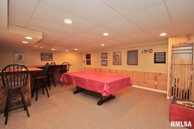 1402 W Grandridge Dr, Dunlap, IL 61525 - rec room with carpet floors, a paneled ceiling, recessed lighting, billiards table, and bar area