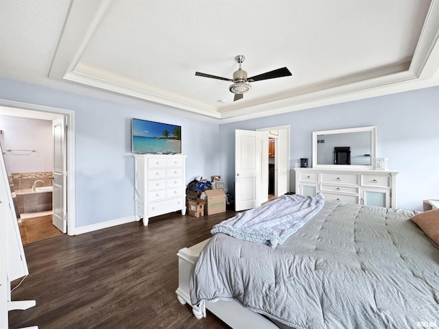 11030 N Ruby Ct, Dunlap, IL 61525 - bedroom featuring a tray ceiling, wood finished floors, ceiling fan, and ensuite bath