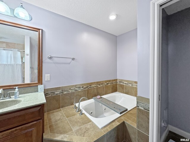 11030 N Ruby Ct, Dunlap, IL 61525 - full bathroom featuring double vanity, a textured ceiling, tile patterned floors, and a shower with shower curtain
