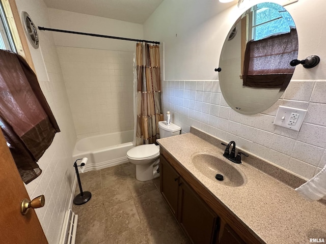 2401 Springfield Rd, East Peoria, IL 61611 - full bathroom with tile walls, vanity, shower / bath combination with curtain, and a baseboard radiator