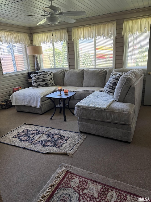 1104 S 8th St, Pekin, IL 61554 - living area featuring a ceiling fan, carpet, and wooden ceiling