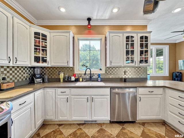 11801 N Deerfield Dr, Dunlap, IL 61525 - kitchen with appliances with stainless steel finishes, white cabinetry, glass insert cabinets, healthy amount of natural light, and crown molding