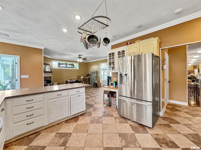 11801 N Deerfield Dr, Dunlap, IL 61525 - kitchen with stainless steel fridge with ice dispenser, ceiling fan, ornamental molding, recessed lighting, and a peninsula