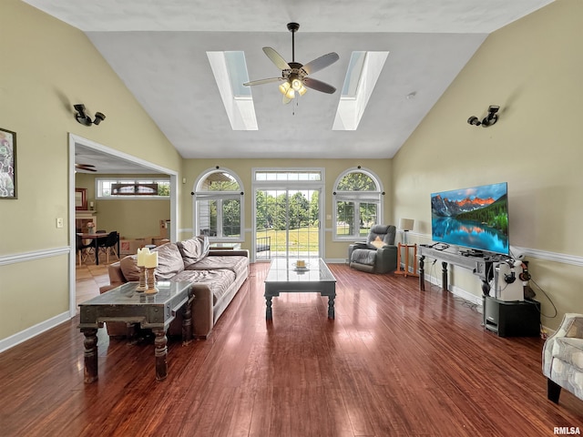 11801 N Deerfield Dr, Dunlap, IL 61525 - living room featuring a skylight, high vaulted ceiling, plenty of natural light, wood finished floors, and a ceiling fan