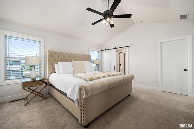 2821 W Lake Trail Ct, Dunlap, IL 61525 - bedroom with vaulted ceiling, carpet floors, a barn door, and ceiling fan