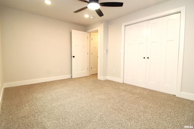 2821 W Lake Trail Ct, Dunlap, IL 61525 - unfurnished bedroom featuring light carpet, recessed lighting, a closet, and a ceiling fan