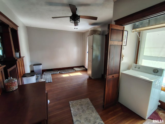 1469 2100th St, Lincoln, IL 62656 - laundry area with washer / clothes dryer, dark wood-style floors, and a ceiling fan