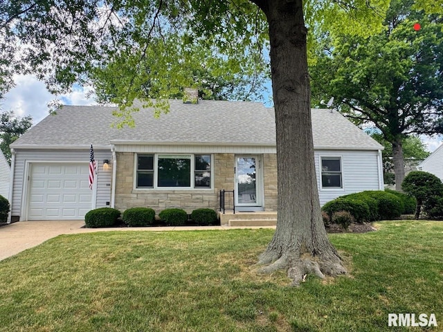 4107 N Hollyridge Cir, Peoria, IL 61614 - view of front of home with stone siding, an attached garage, roof with shingles, driveway, and a front lawn