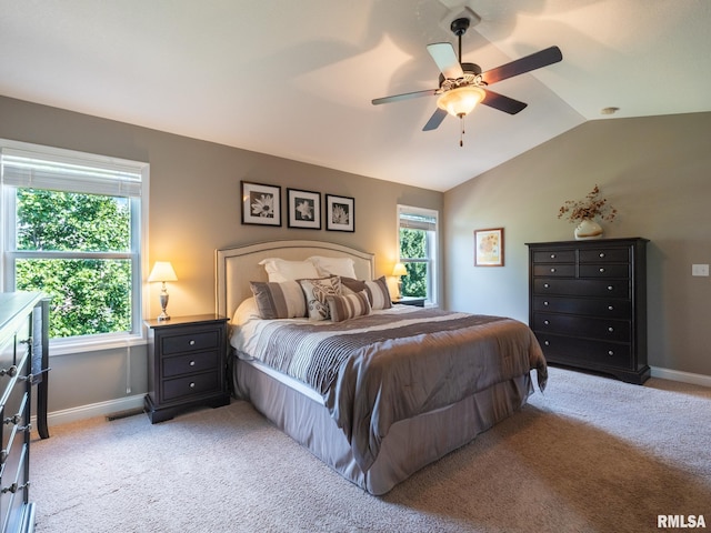 11014 N Saddlehorn Way, Dunlap, IL 61525 - bedroom with light colored carpet, lofted ceiling, and ceiling fan