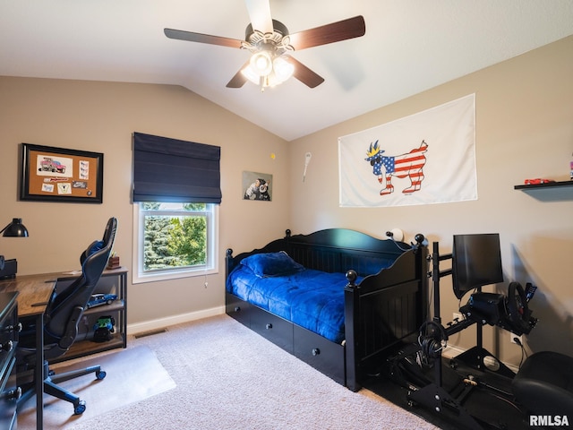 11014 N Saddlehorn Way, Dunlap, IL 61525 - bedroom with carpet flooring, vaulted ceiling, an office area, and a ceiling fan