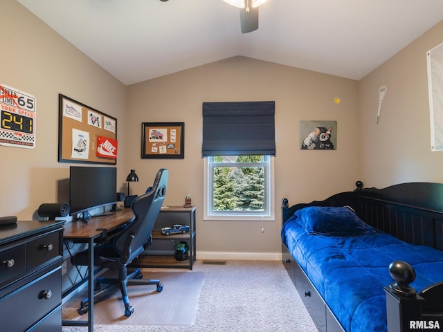 11014 N Saddlehorn Way, Dunlap, IL 61525 - carpeted bedroom with lofted ceiling, an office area, and a ceiling fan