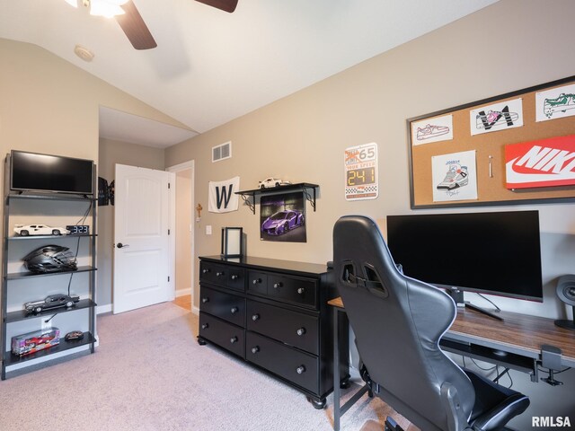 11014 N Saddlehorn Way, Dunlap, IL 61525 - home office with ceiling fan, vaulted ceiling, and light carpet