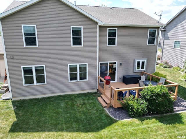 11014 N Saddlehorn Way, Dunlap, IL 61525 - back of property featuring a wooden deck, a lawn, and roof with shingles