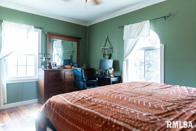306 W Fremont St, Elmwood, IL 61529 - bedroom with wood finished floors, multiple windows, ornamental molding, and an office area