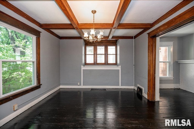 1121 N University St, Peoria, IL 61606 - unfurnished dining area with a chandelier, healthy amount of natural light, hardwood / wood-style flooring, coffered ceiling, and beamed ceiling