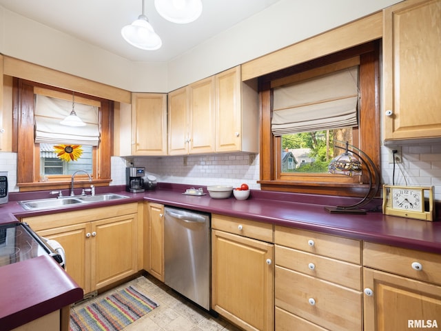 1108 Summer St, Pekin, IL 61554 - kitchen featuring stainless steel appliances, dark countertops, decorative backsplash, and hanging light fixtures