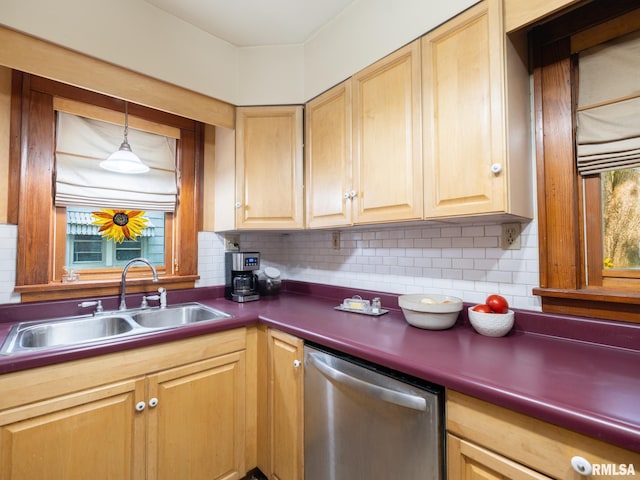 1108 Summer St, Pekin, IL 61554 - kitchen with dishwasher, dark countertops, tasteful backsplash, and light brown cabinetry