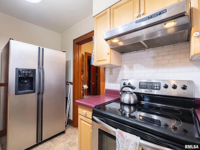 1108 Summer St, Pekin, IL 61554 - kitchen with stainless steel appliances, under cabinet range hood, backsplash, and light brown cabinets