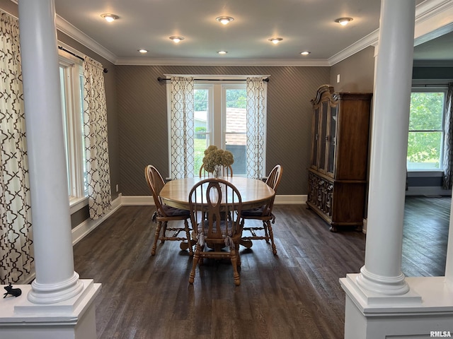 236 W Grant St, Macomb, IL 61455 - dining space featuring decorative columns, crown molding, dark wood-type flooring, and recessed lighting