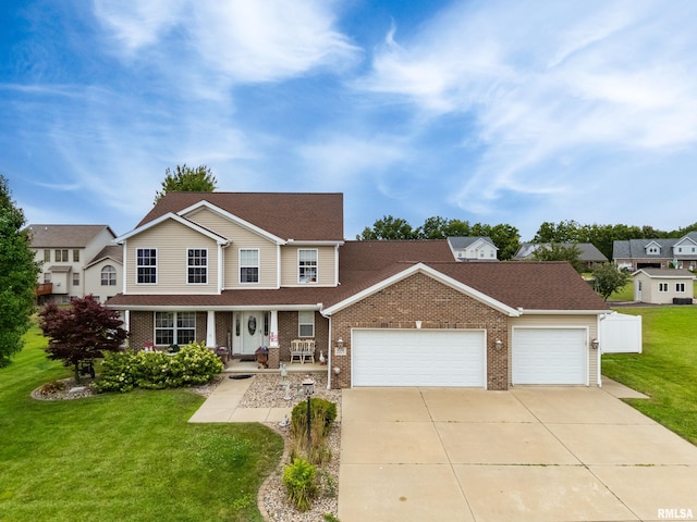 824 Debates St, Washington, IL 61571 - traditional-style home featuring driveway, a garage, covered porch, a front yard, and brick siding