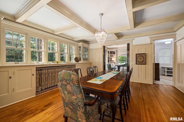 1227 W Barker Ave, Peoria, IL 61606 - dining space with wood finished floors, a chandelier, coffered ceiling, beamed ceiling, and plenty of natural light