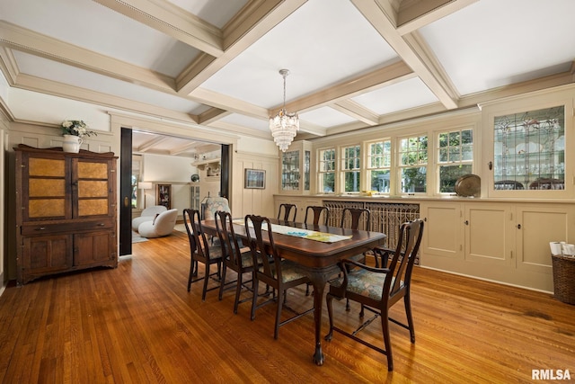1227 W Barker Ave, Peoria, IL 61606 - dining space with wood finished floors, a chandelier, a decorative wall, beamed ceiling, and coffered ceiling