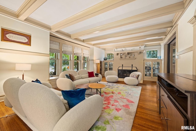 1227 W Barker Ave, Peoria, IL 61606 - living area featuring wood finished floors, beam ceiling, and a fireplace