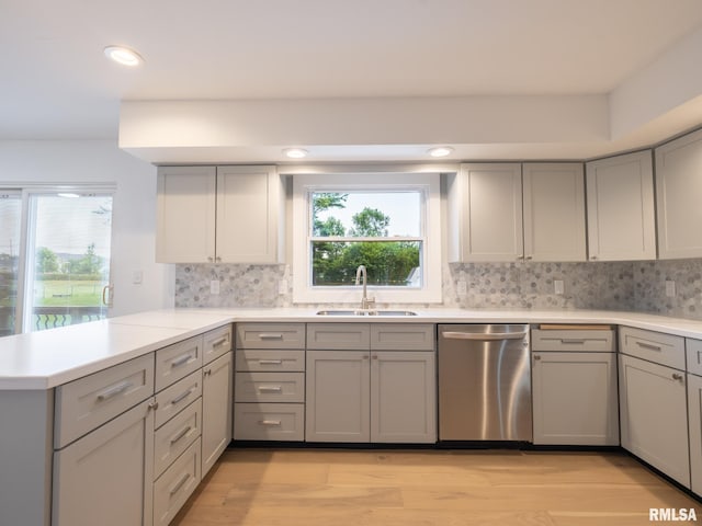 2810 Deveron Cir, Pekin, IL 61554 - kitchen featuring stainless steel dishwasher, gray cabinetry, a peninsula, light countertops, and recessed lighting